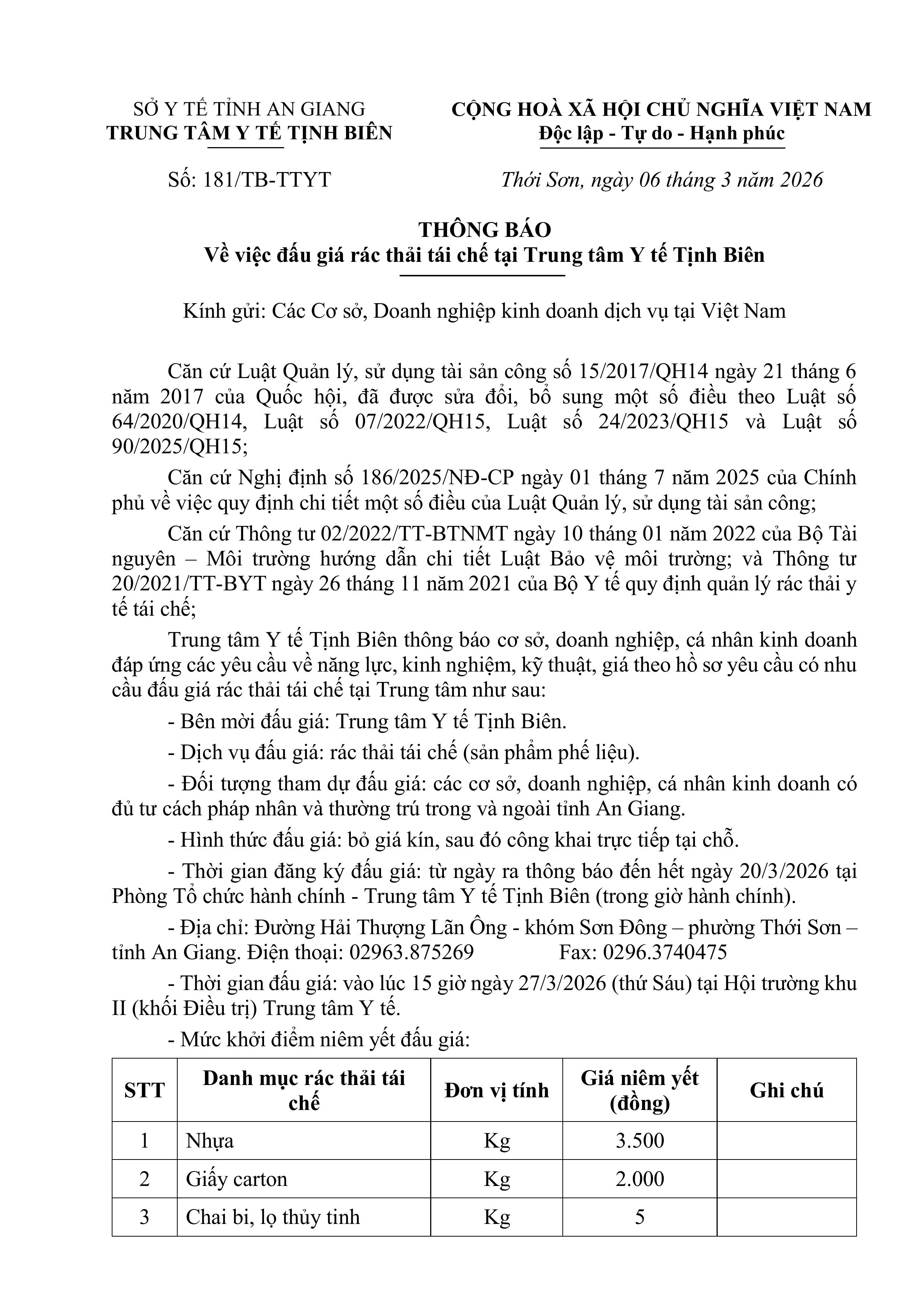 181 Thông báo mời đấu giá rác thải tái chế.signed images 0