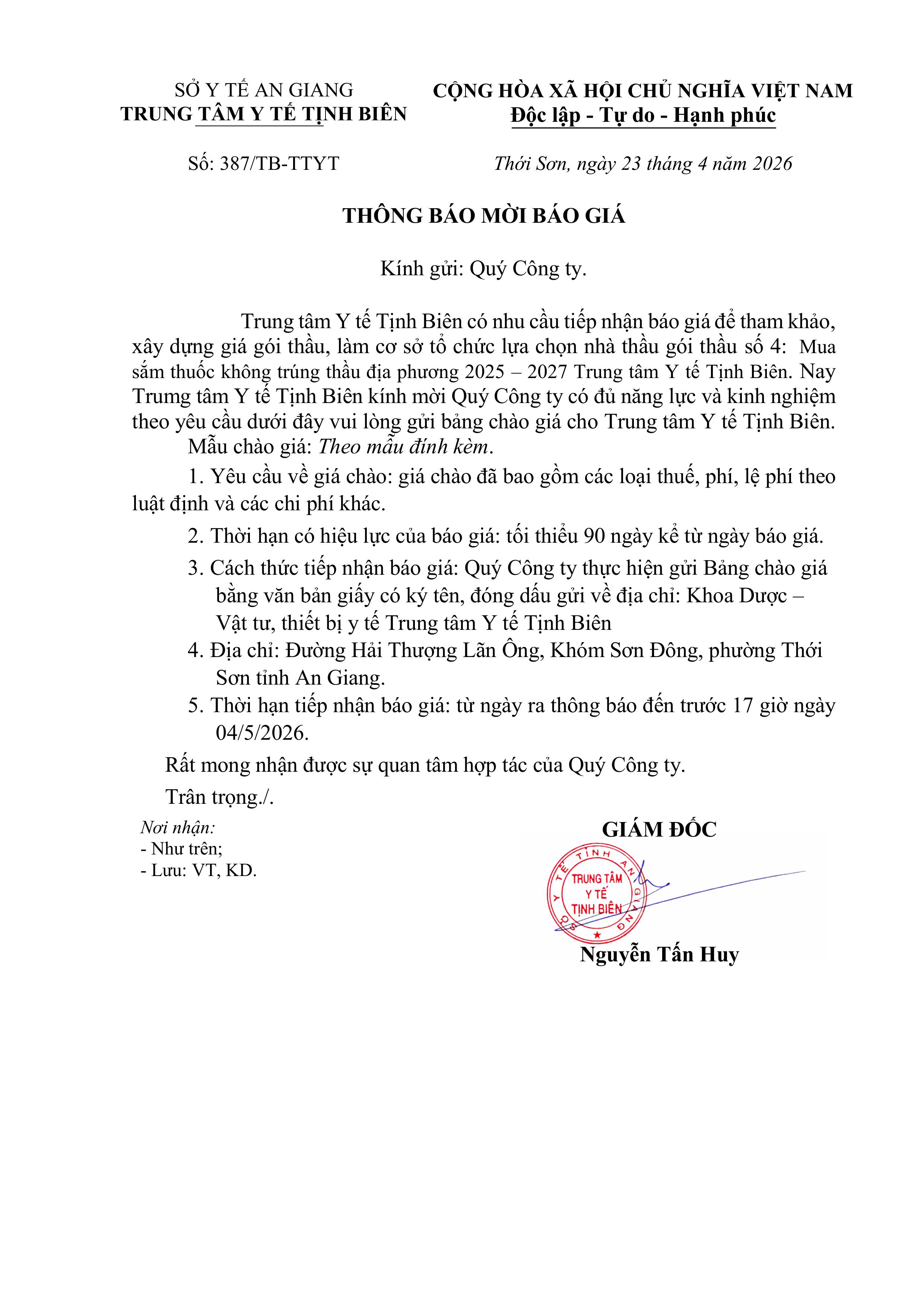 387 THƯ MỜI CHÀO GIÁ GÓI THẦU SỐ 3 MUA SẮM THUỐC KHÔNG TRÚNG THẦU ĐỊA PHƯƠNG GIAI ĐOẠN 2025 2027 TRUNG TÂM Y TẾ TỊNH BIÊN.signed images 0