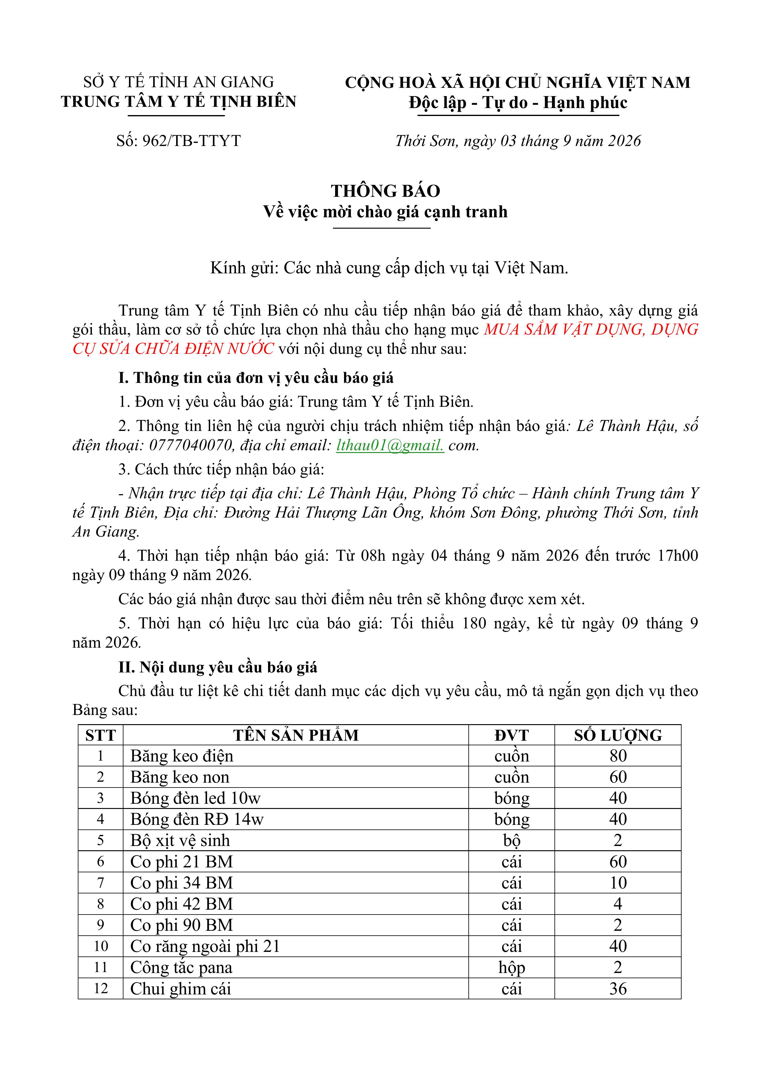 962 TTYT Tịnh Biên Thông Báo mua vật dụng sửa điện nước tháng 9.2026.signed images 0
