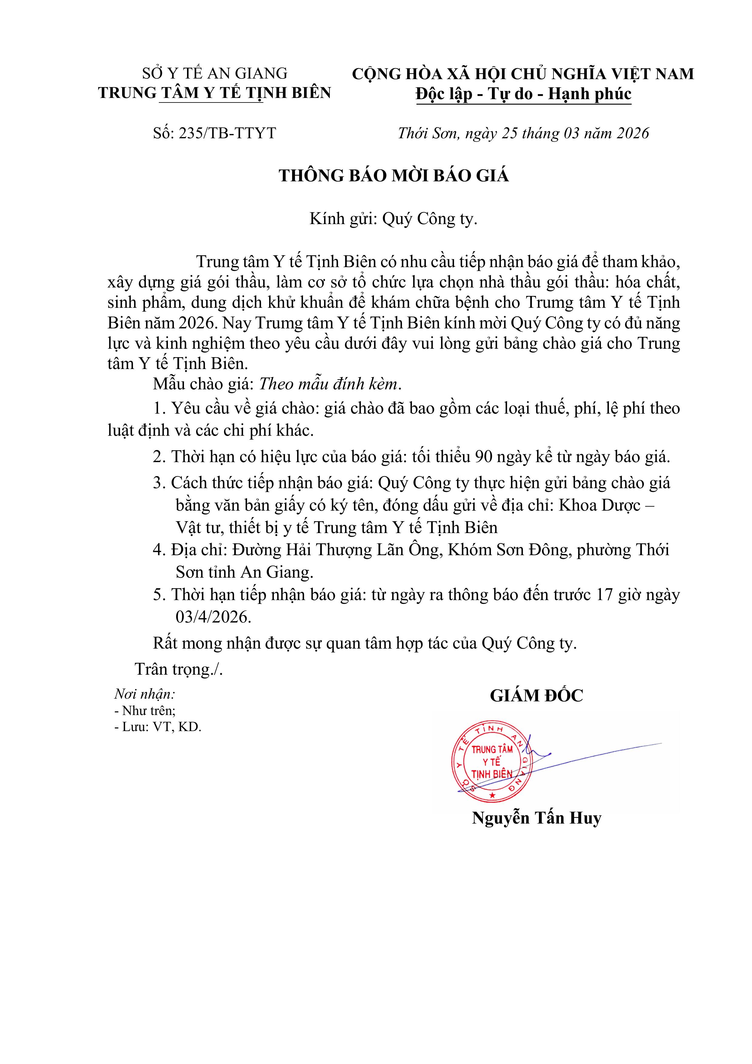 THÔNG BÁO MỜI CHÀO GIÁ GÓI THẦU HÓA CHẤT SINH PHẨM DUNG DỊCH KHỬ KHUẨN TRUNG TÂM Y TẾ TỊNH BIÊN NĂM 2026 images 0