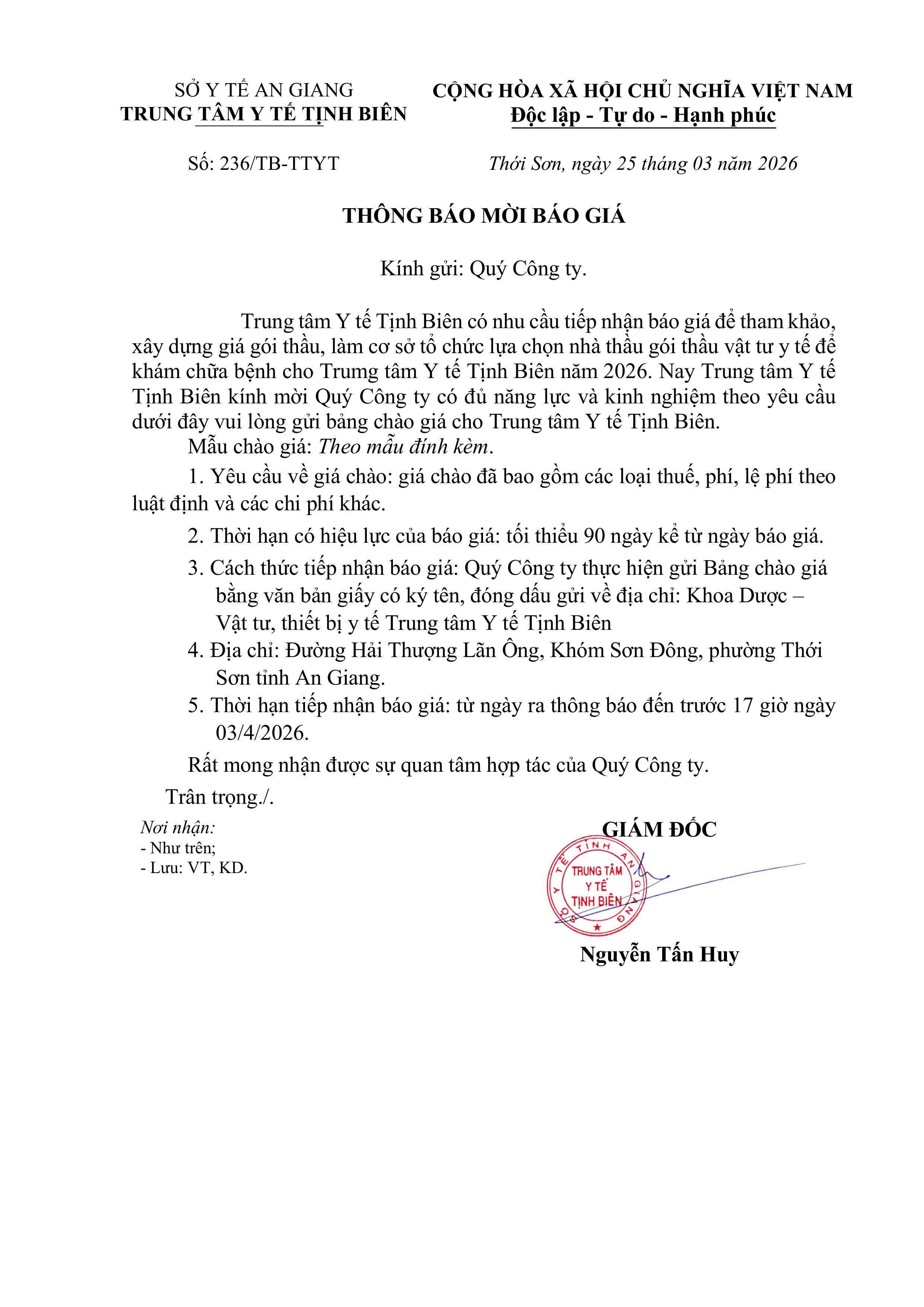 THÔNG BÁO MỜI CHÀO GIÁ GÓI THẦU VẬT TƯ Y TỀ TRUNG TÂM Y TẾ TỊNH BIÊN NĂM 2026 images 0