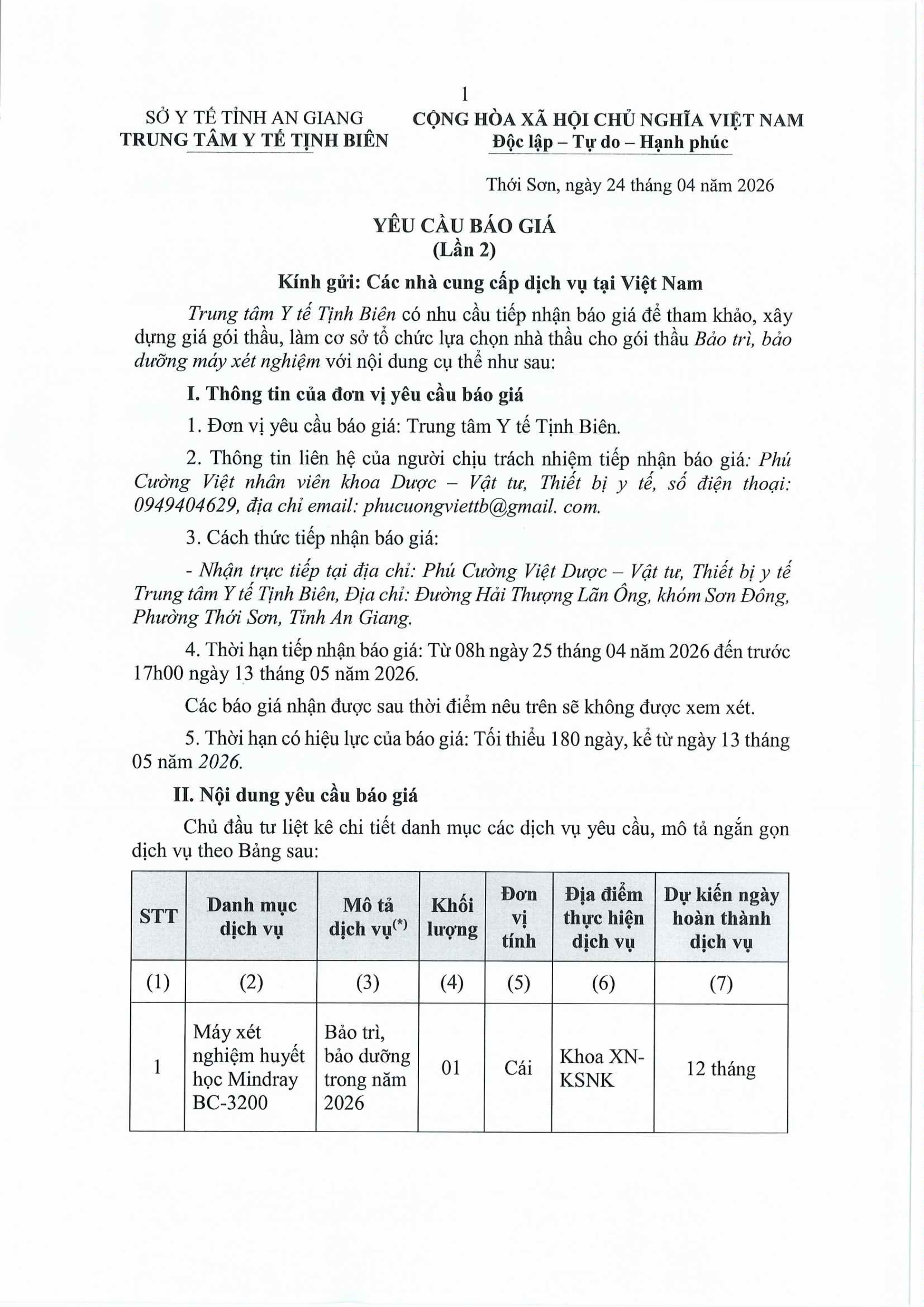 YÊU CẦU CHÀO GIÁ BẢO TRÌ BẢO DƯỠNG MÁY XÉT NGHIỆM LẦN 2 images 0