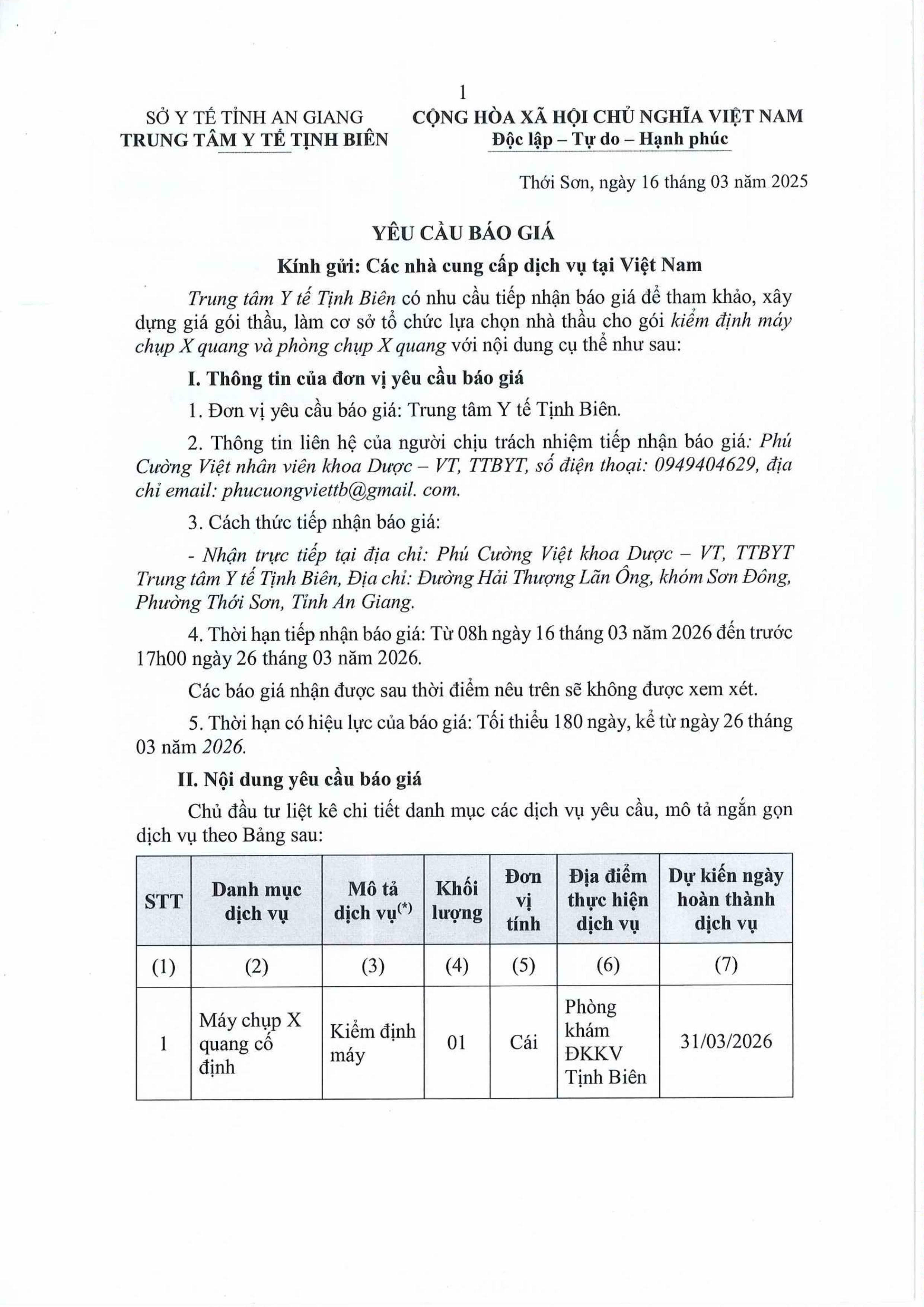 YÊU CẦU CHÀO GIÁ KIỂM ĐỊNH MÁY X QUANG VÀ PHÒNG CHỤP images 0