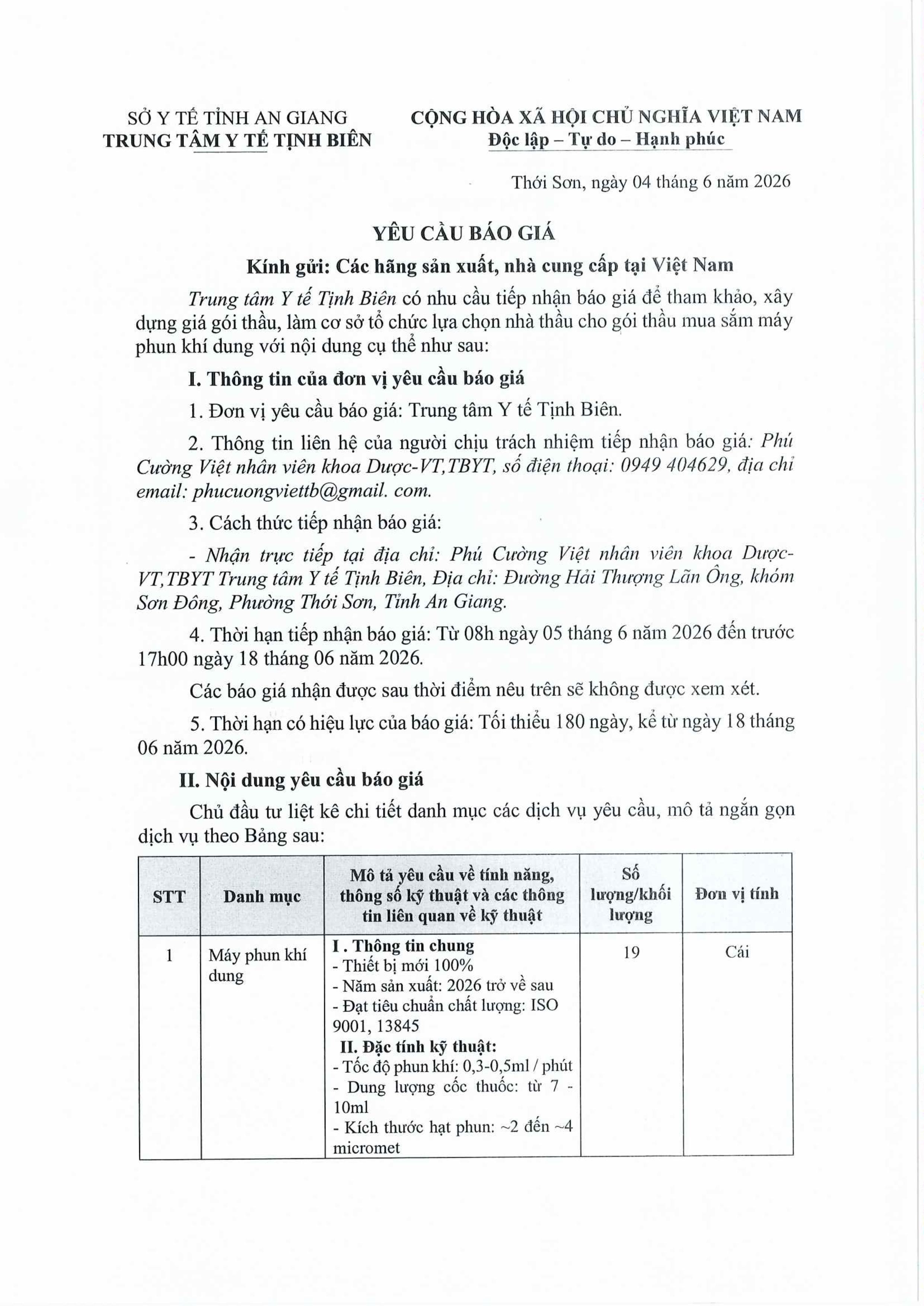 YÊU CẦU CHÀO GIÁ MUA SẮM MÁY PHUN KHÍ DUNG images 0