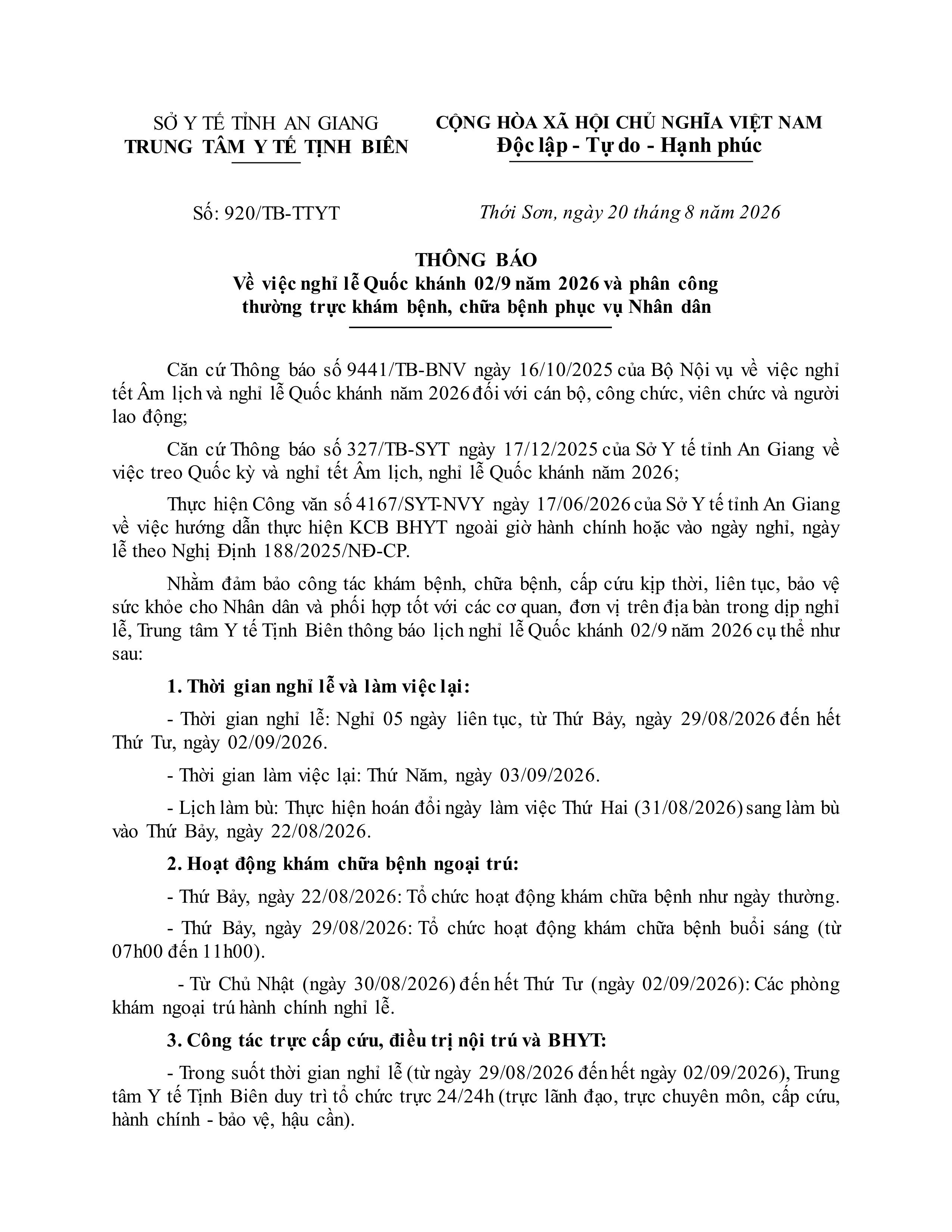 920 TTYT Tịnh Biên Thông báo nghỉ lễ Quốc khánh 02 9 và phân công KCB năm 2026.signed images 0